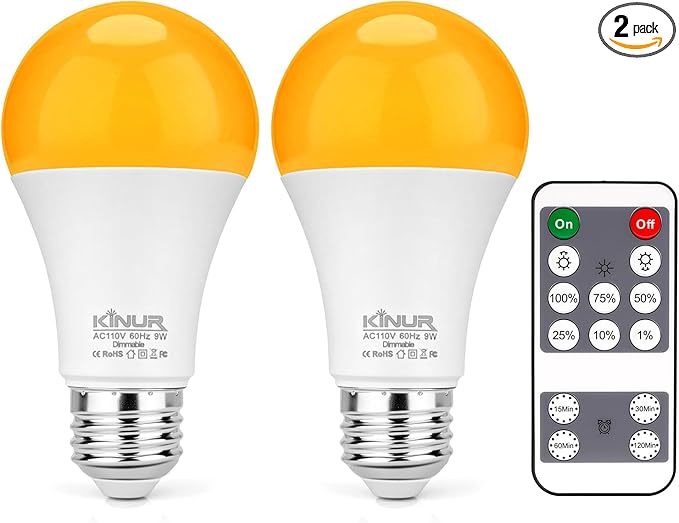 KINUR Amber Sleep Light Bulbs 1800K with Remote Control, Blue Light Blocking A19, 9W for Sleep,Bedroom (2Packs)