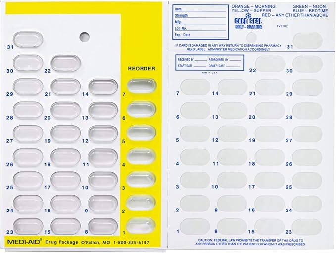 Color Coded Monthly 31 Day Medication Blister Cards Cold Seal - Use Colors for Daily, AM/PM, 3X, 4X, 5X a Day Pill Organizer (6 Pack Yellow)