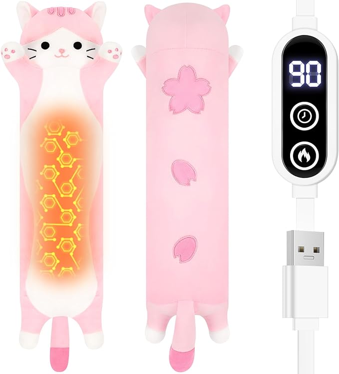 Sakura Cat Heating Pad-USB Heated Plush Stuffed Animals for Period Cramps and Menstrual Pain Relief,22” Portable Electric Kitten Heating Pads,Built-Pocket Plush Girls Birthday Gifts,Pink
