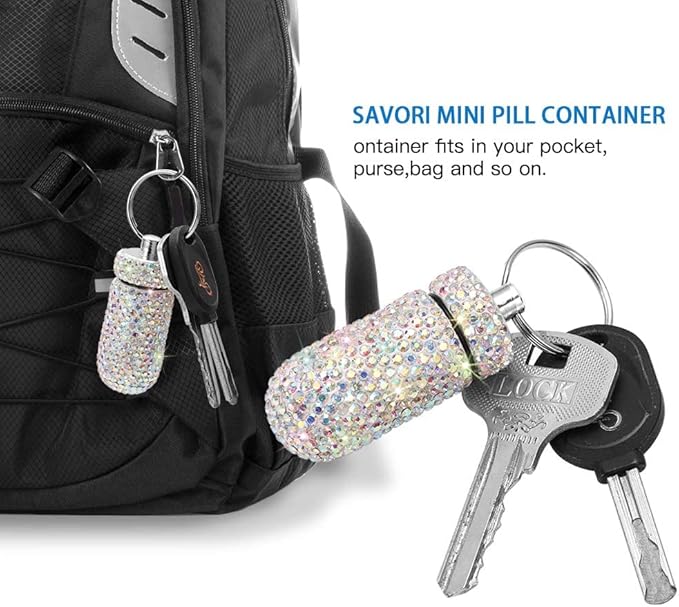 Portable Pill Case Pill Container Waterproof Pill Holder with Keychain Bling Pill Box Medicine Dispenser Bottle Storage for Outdoor Camping Travel (AB Color)