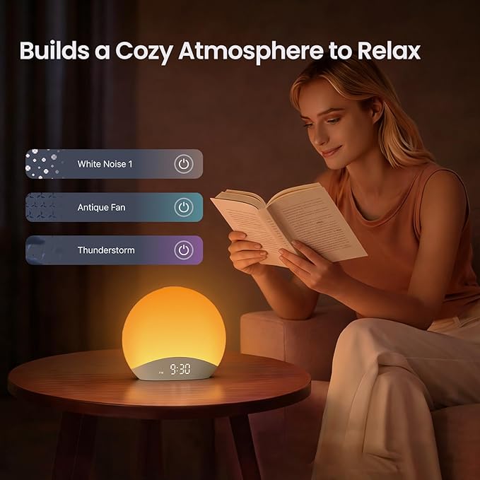 REACHER R7APP Smart Sunrise Alarm Clock with App Control, Custom Wake & Sleep Routines - Multi Sunrise Color, White Noise Sound Machine, Dimmable Display | Night Light, Screen-Free Sleep