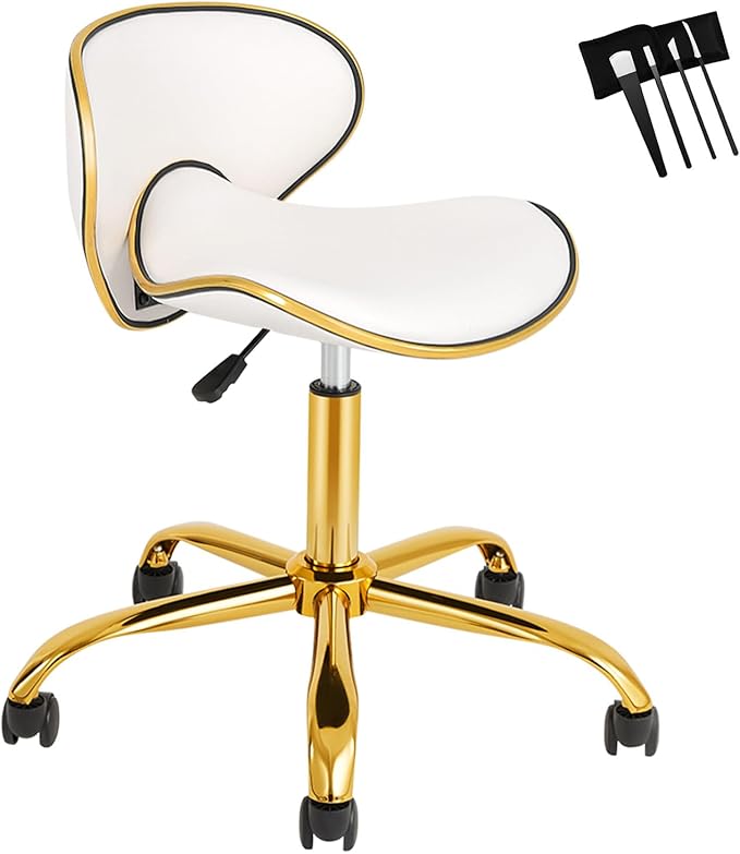 Adjustable Rolling Stool with Backrest, Nail Tech Chair for Salon, Lash, Nail Tech and Hair Stylist, Facial Massage Tattoo Stool with Wheels-White