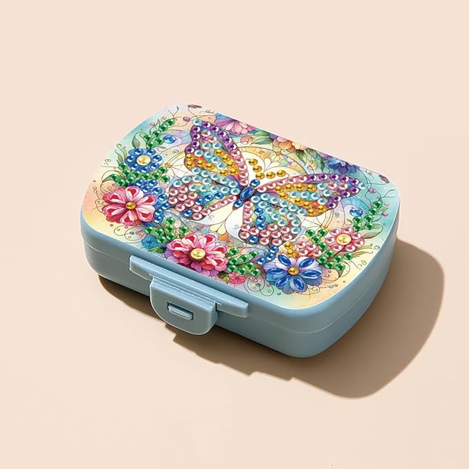 C'eitura DIY Butterfly Diamond Art Painting Blue Pill Organizer with 6 Lid Detachable Compartments, Fun DIY Craft Project for Adults, Elegant Pill Case for Purse & Travel