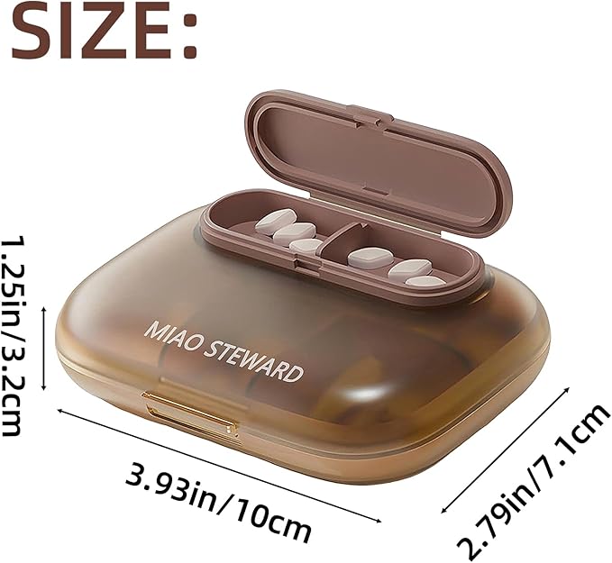 Portable 6-Grid Pill Organizer Waterproof Magnetic Small Lightweight BPA-Free Daily Outing Vitamin Supplement Herb Storage Box for On-The-Go Medication Brown