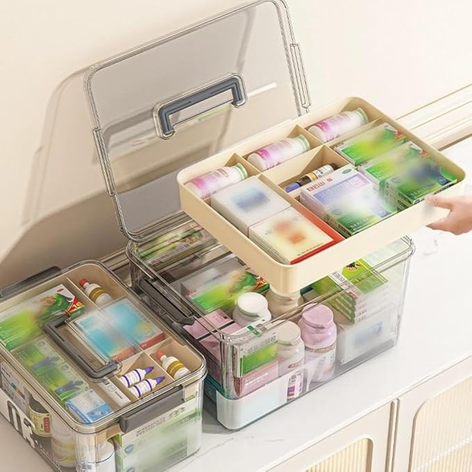 Medicine Storage Box - Pill Bottle & Medication Organizer, Transparent Multi-Compartment with Handle, Home Storage (15'L11.6'W9'H) White