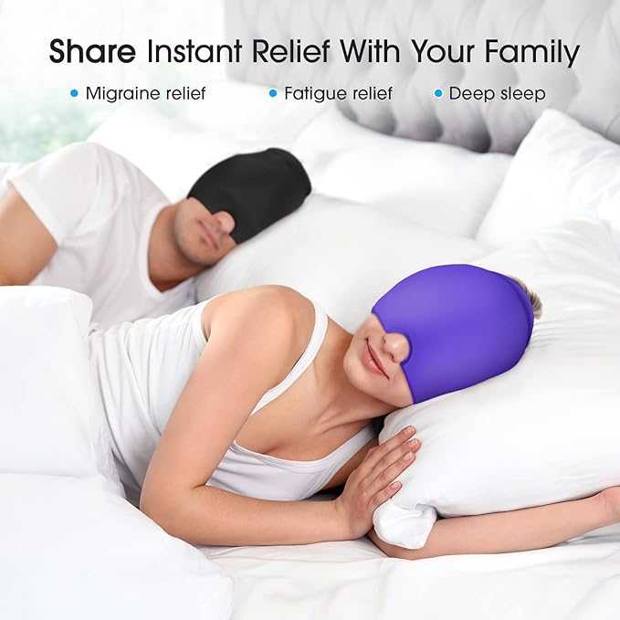 ONLYCARE Migraine Relief Cap,Soothing Migraine Mask,Upgraded Odorless Gel Ice Head Wrap, Hot and Cold Therapy, FSA or HSA Eligible Headache Ice Pack for Tension and Stress(Black & Purple)