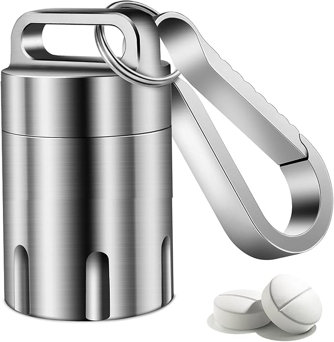 TISUR Titanium Small Pill Holder Keychain, Portable Pill Case Waterproof Pocket Pill Box Container Carrier to Hold Pills, Vitamins, Fish Oil, Supplements