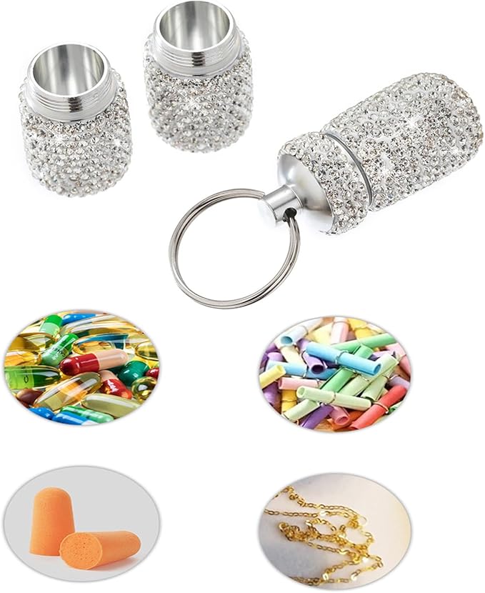 Bling Portable Pill Case with Keychain，Bling Rhinestone Small Fancy Pills Container Glitter Waterproof Holder Keychain for Women Aluminum Bottle Reusable for Outdoor Camping. (Silver)