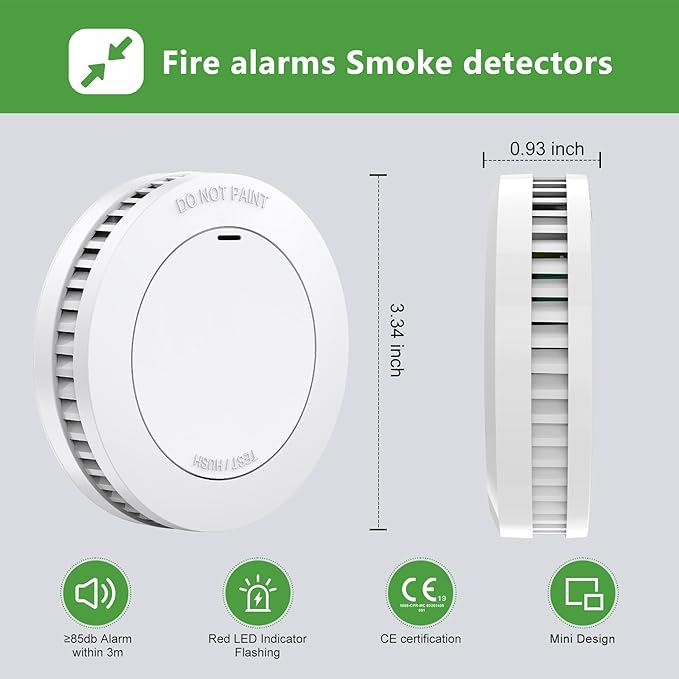10-Year Battery Life Photoelectric Smoke Detector with Test/Silence Button for Home Use (6 Pack)
