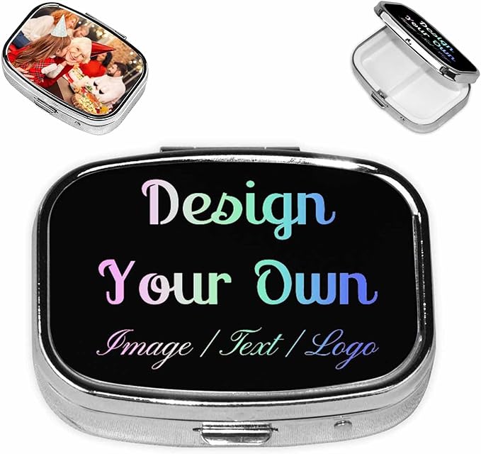 Custom 2 Compartment Pill Box, Personalize It to Add Any of Your Text and Images, Portable Pill Box Storage for Travel, Pocket Or Purse Pill Box Decorative Metal Medication Vitamin Organizer