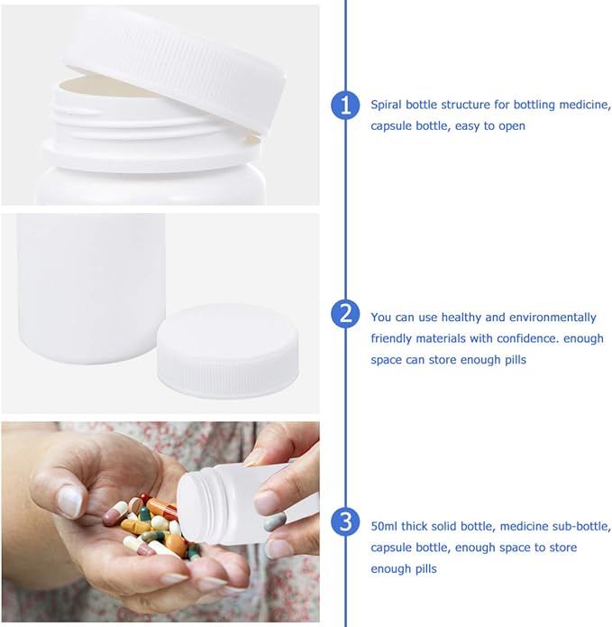 20 Pcs Empty Pill Bottles, 50ml Small White Plastic Medicine Containers with Lids, Portable Travel Pill Holder for Medication, Vitamins & Crafts