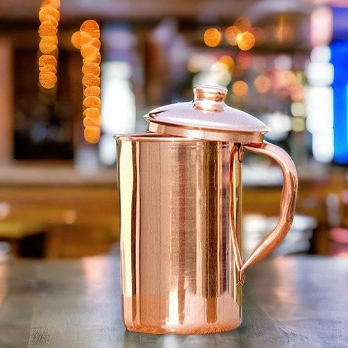 100% Pure Copper Pitcher 50.72 Oz / 1500 ml | Drinking Water Traditional Plain Pitcher With Lid | Copper Jug Handle Water Bottle | Ayurveda Health Benefits | Serving Water in Daily Use