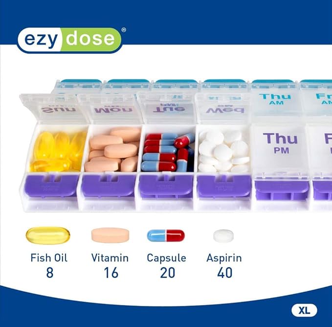 EZY DOSE Push Button AM/PM Weekly (7-Day) Pill Organizer, Weekly 2 Times a Day Medicine Case, Large Compartments for Vitamins Supplements, Arthritis Friendly, Clear Lids (2 Pack)