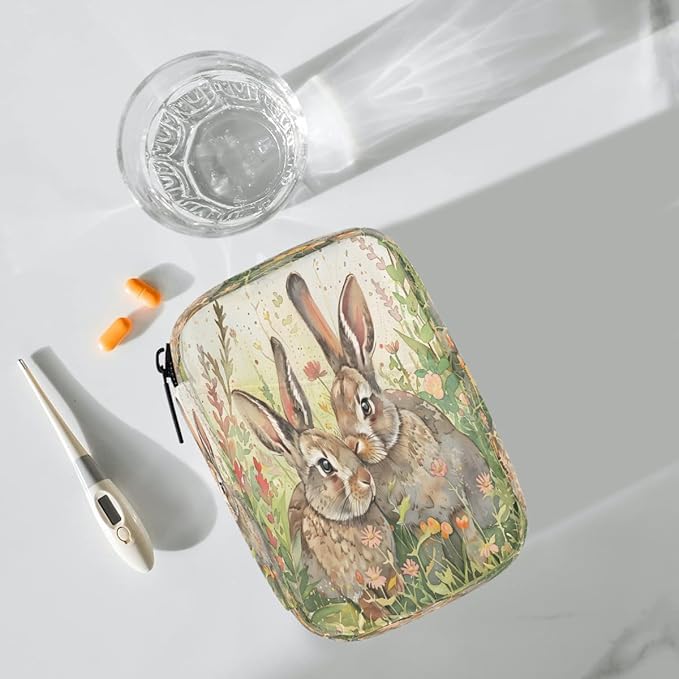Watercolor Rabbit Spring Pill Case Travel Pill Organizer Weekly 7 Day Portable with Zipper Medicine Box Pill Case for Vitamins, Birth Control,Fish Oils,Medication, Supplements