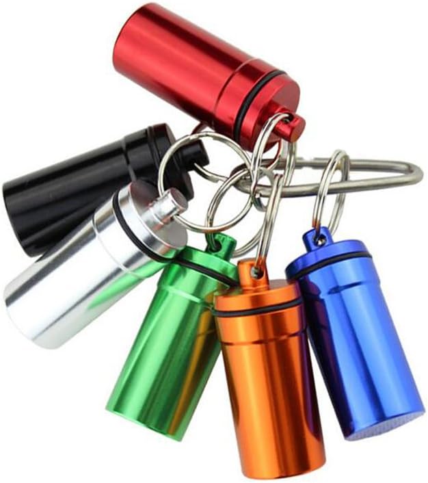 WESTONETEK Set of 6 Aluminum Metal Pill Box Case Organizer with Keychain - Outdoor Medicine Bottle Key Ring Small First Aid Drug Holder Pill Container