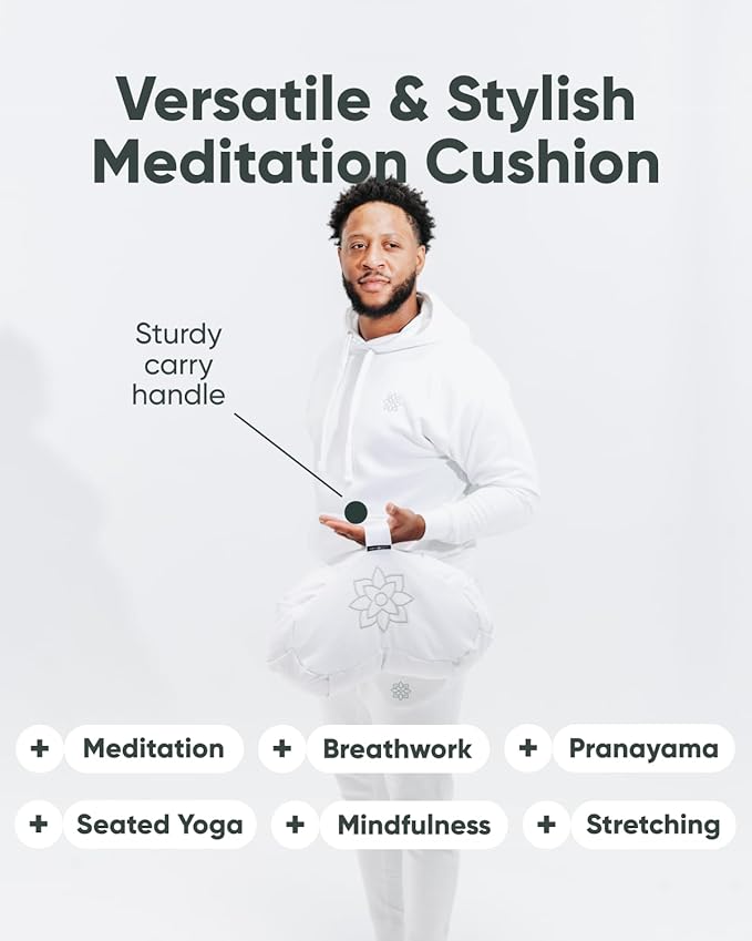 Mindful & Modern Large Meditation Cushion | Zafu Yoga Bolster Meditation Floor Pillow Seat | Buckwheat Hull Filled Crescent Shaped Cushion with Removable Washable Cover + Carry Handle | White