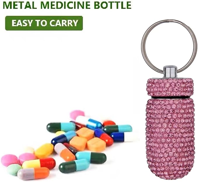 GOUWEIBA 2 Pieces Bling Pill Container Portable Pill Bottle Case Waterproof Travel Medicine Box Crystal Diamond Mini Pill Holder Storage with Keychain for Outdoor Camping Traveling (Pink, Silver)