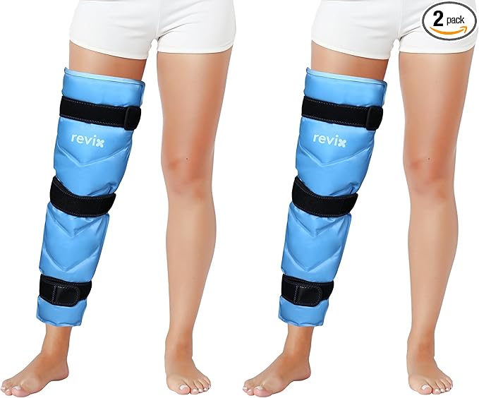 REVIX Full Leg Ice Pack Wrap Around Entire Leg, Reusable Gel Cold Wrap for Hip, Thigh and Knee, Soft Cold Compress Ice Pack Sleeve with 3 Straps (Pack of 2)