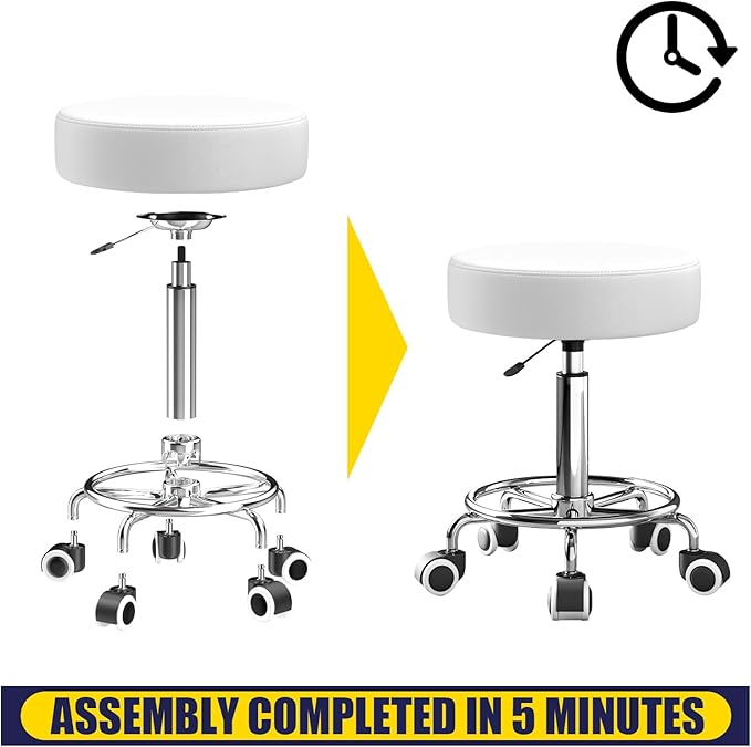 Rolling Stool With Heavy Weight Capacity 250lb, PU Leather Seat, Wheels and Footrest - Ultra Soft Padded, 360 Swivel for Spa, Drawing, Salon, Work, Office, Tattoo (White)