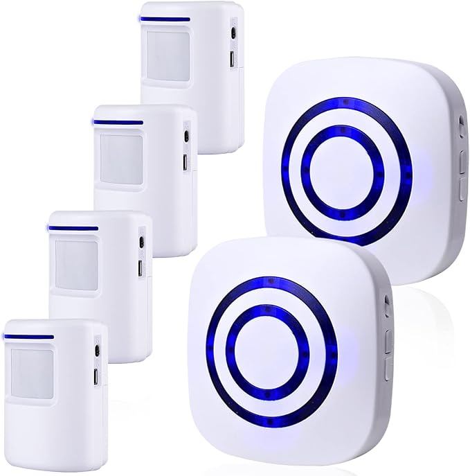 Motion Sensor Alarm, Long Range Wireless Driveway Alarm, Indoor Home Security System Electric Doorbells, 4 Motion Detector and 2 Alarm, 38 Chime Tunes, LED Indicator