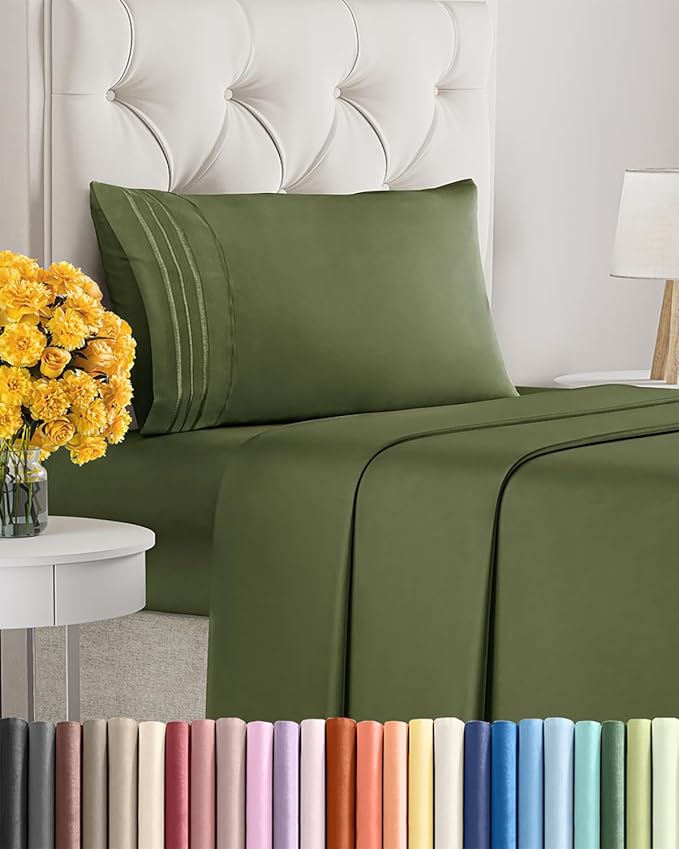 Twin Size 3 Piece Sheet Set - Extra Soft, Breathable & Cooling Sheets - Hotel Luxury Durable Bed Sheets for Women & Men - Deep Pockets, Easy-Fit & Wrinkle-Free Sheets - Deep Olive Oeko-Tex Bed Sheets