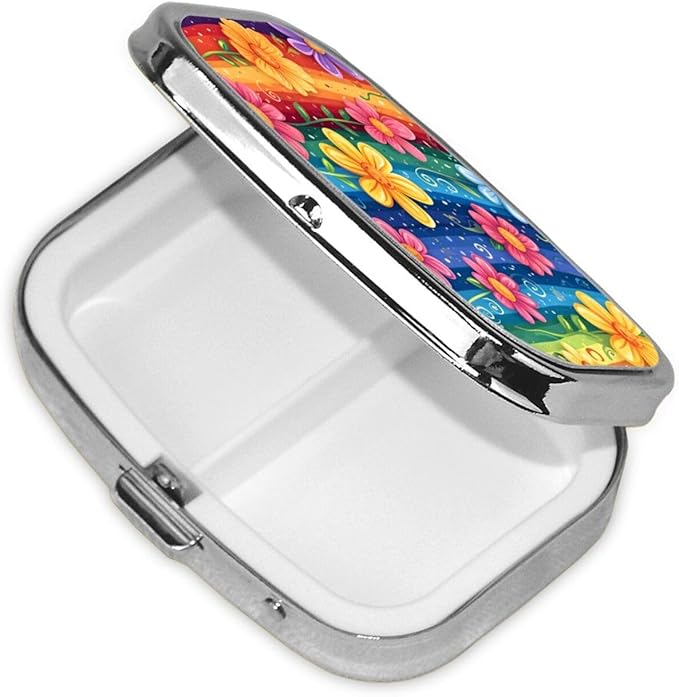 Cartoon Rainbow Flower Pattern Pill Box with Mirror 2 Compartment Metal Square Small Pill Case for Purse Pocket Portable Pill Container Holder Travel Medicine Organizer for Vitamin Fish Oil Supplement