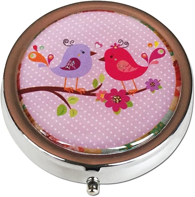 Charming Pink Birds Silver Pill Box – Round 3-Compartment Metal Pill Organizer, Compact 2-Inch Travel Pill Case for Purse or Pocket