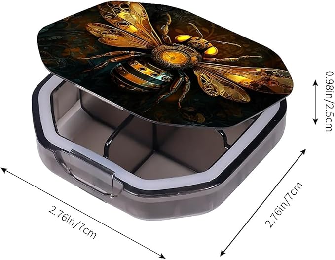 This Portable Mechanical Bee Pattern 4 Compartment Pill Box Can Be Placed in A Pocket Or Wallet to Store Vitamins, Medicines Health Supplements Other Medications.