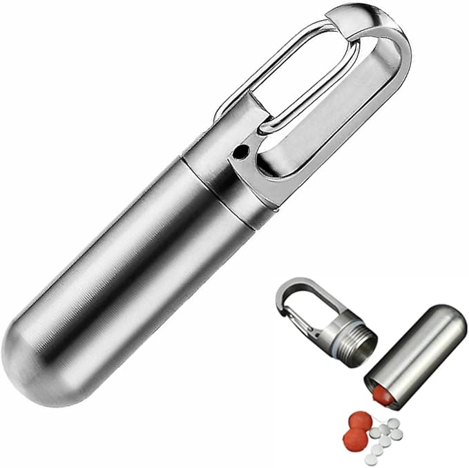 Stainless Steel Pill Box Keychain, Protable Pill Box Keychain Medicine Case Bottle, Waterproof Metal Pocket Pill Holder Medicine Bottle for Outdoor Camping Travel (S)