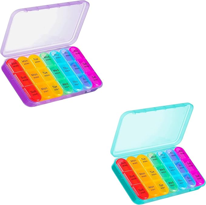 ASprink Purple and Cyan Pill Organizer 3 Times a Day, 7 Day Medicine Organizer with 12 Compartments