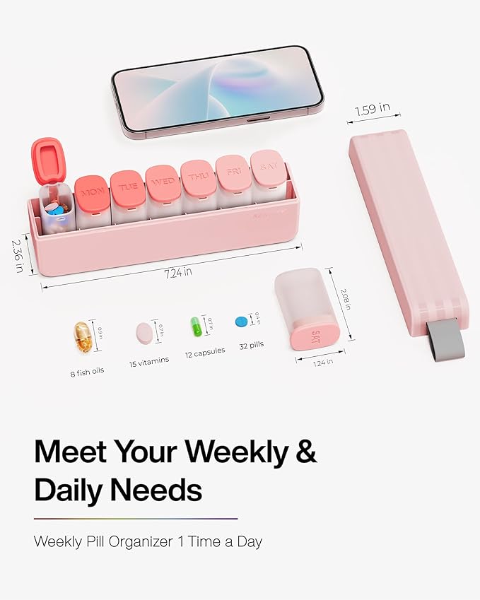2 Packs Kertssy Weekly Pill Organizer 1 Time a Day - Black & Pink