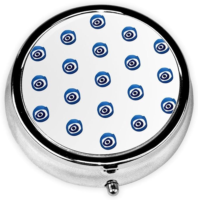 Evil Eyes Printed Round Travel Pill Box Cute Small Metal Pocket Pill Case for Men & Women 3 Compartment Portable Pill Organizer for Purse or Pocket
