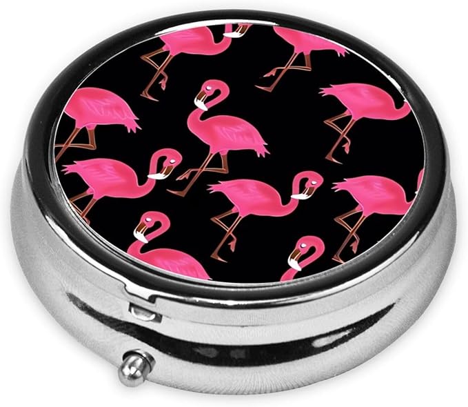 Lovely Pink Flamingos Printed Round Travel Pill Box Cute Small Metal Pocket Pill Case for Men & Women 3 Compartment Portable Pill Organizer for Purse or Pocket