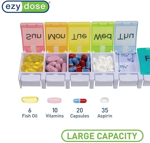 EZY DOSE Weekly 7-Day Pill Planner, Vitamin Organizer and Medicine Case, X-Large Push-Button Compartments for Easy Access, Durable Design with Colorful Rainbow Lids, Perfect for Home and Travel Use
