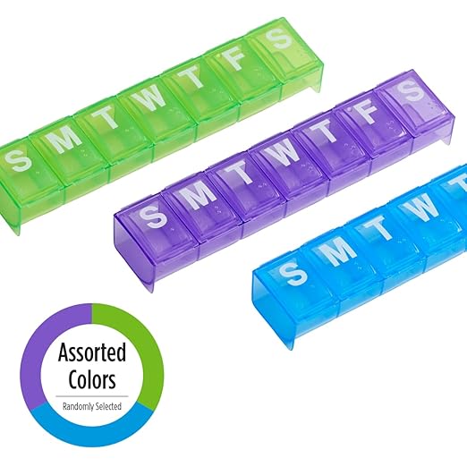 EZY DOSE Weekly (7-Day) Pill Organizer, Medicine Planner with Large Compartments for Easy Pill Removal, BPA-Free Vitamin Box, Travel-Friendly Pill Case, Durable & Portable, Color May Vary