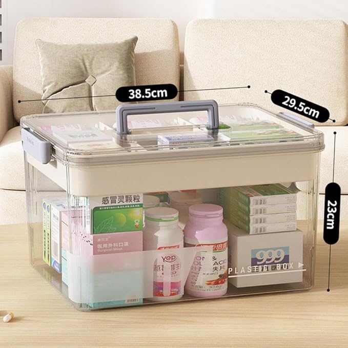 Medicine Storage Box - Pill Bottle & Medication Organizer, Transparent Multi-Compartment with Handle, Home Storage (15'L11.6'W9'H) White