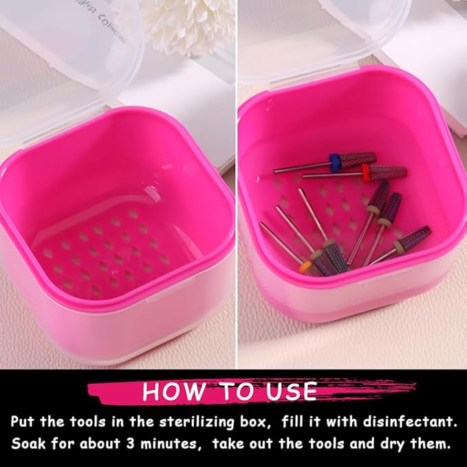Nail Tool Sterilizer Box Plastic Disinfectant Container for Nail Art Accessories Tools, Portable Sterilization Tray Soaking Box with Strainer for Nail Drill Bits Manicure Cleaning Equipment