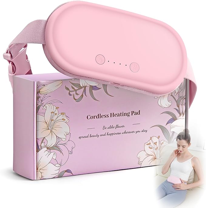 Portable Electric Heating Pad for Period Cramps, Menstrual Heating Pads with 4 Heat Levels and 4 Vibrating Modes for Women Stomach Pain Relief-Pink