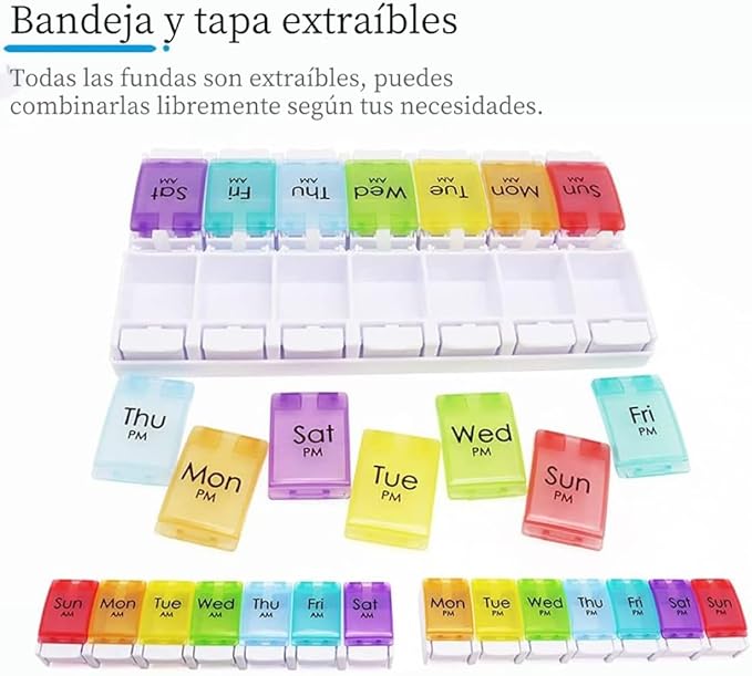 Weekly Pill Box,Portable and Removable Pill Box,Travel Pill Organizer with 14 Compartments,Moisture-proof Personal Pill Organizers