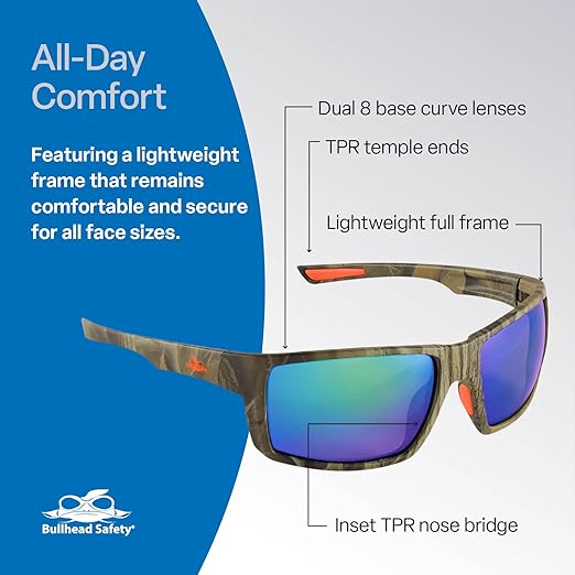 Bullhead Safety Eyewear Amberjack Glasses - Anti-Fog, Lightweight, Impact/Scratch Resistant, UV Blocking Sunglasses for Biking, Fishing, Driving, Green Mirror/Woodland Camo