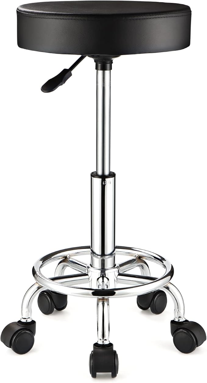 Adjustable Stool with Wheels Round Rolling Stool for Spa Salon Massage Office Chair (Black)