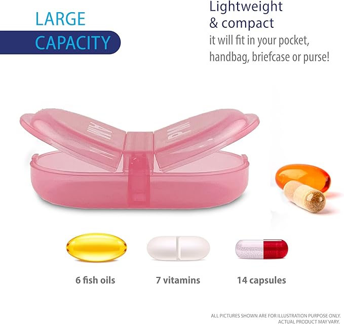 Deke Home - Pill Organizer AM PM, 2 Compartment Pill Box for Pocket or Purse, Small Daily Medicine Case, Travel Pill Holder, Easy Open Pill Container for Seniors, Vitamins & Supplements (Pink)
