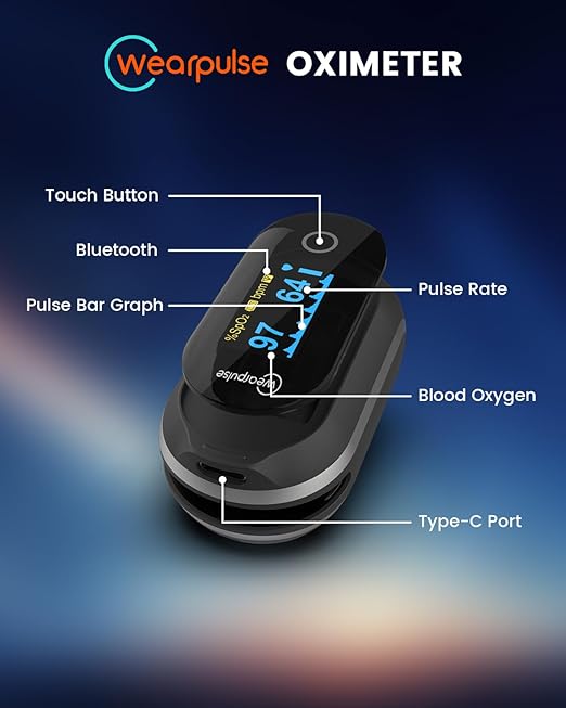 Rechargeable Pulse Oximeter Fingertip, Bluetooth Blood Oxygen Saturation and Pulse Rate Monitor with App, 8 * 10 Hours Built-in Memory Pulse ox, Continuous O2 Sat Meter with Smart Beep