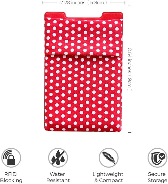 RFID Blocking Phone Card Wallet Stretchy Lycra Wallet Pocket Credit Card ID Case Pouch Sleeve Adhesive Sticker Compatible with iPhone Samsung Galaxy Android Smartphones (Polka Dot Red)-2PC