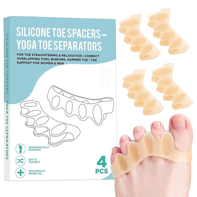 4 Pcs Silicone Toe Spacers – Yoga Toe Separators for Toe Straightening & Relaxation | Correct Overlapping Toes, Bunions, Hammer Toe | Toe Support toe separators for Women & Men (Tan, 3.98)