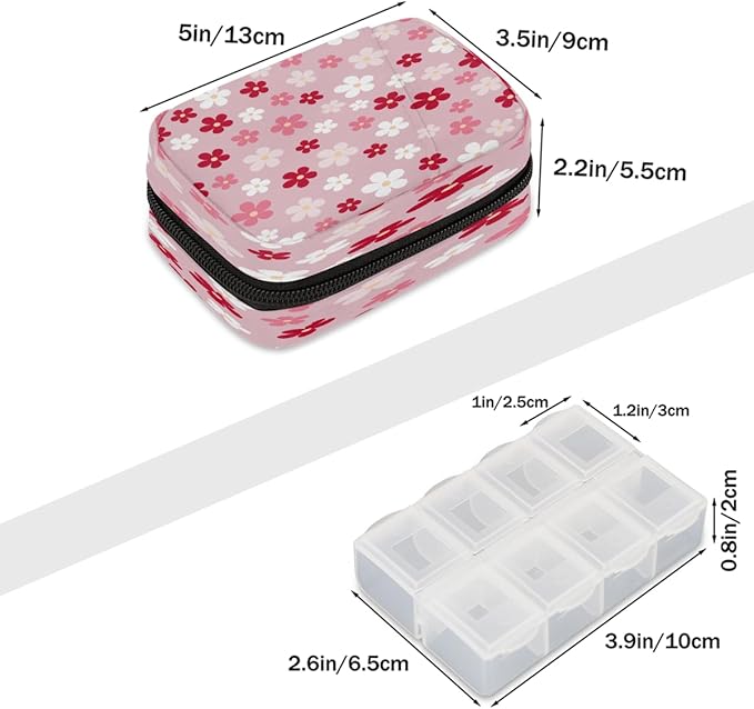 Flower Pink Pattern Pill Case Travel Pill Organizer Weekly 7 Day Portable with Zipper Medicine Box Pill Case for Vitamins, Birth Control,Fish Oils,Medication, Supplements