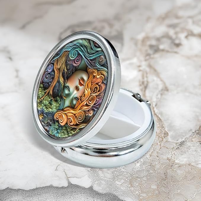 Portable Round 3 Compartment Metal Pill Box Faux Resin Painting Print Decor for Kitchen Office Coffee Organization Travel