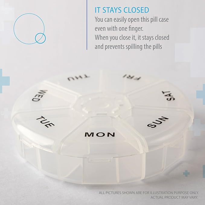 Deke Home - Round Portable Pill Box (2 Pack), Medicine Planner, Small 7 Day Weekly Travel Container, Medication, Vitamin Holder, Pillbox Organizer, Pill Dispenser, Daily Sorter & Reminder, BPA Free