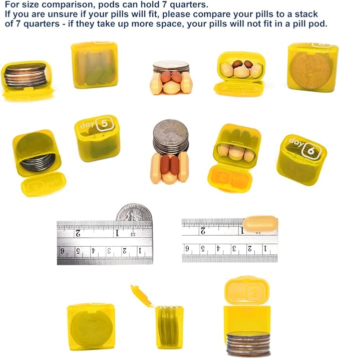 AM/PM 31 Day Monthly Pill Organizer Holder with Removable Medication Pods and Bonus Medical Alert Card - Blue for Morning & Grey for Evening (Blue & Yellow)