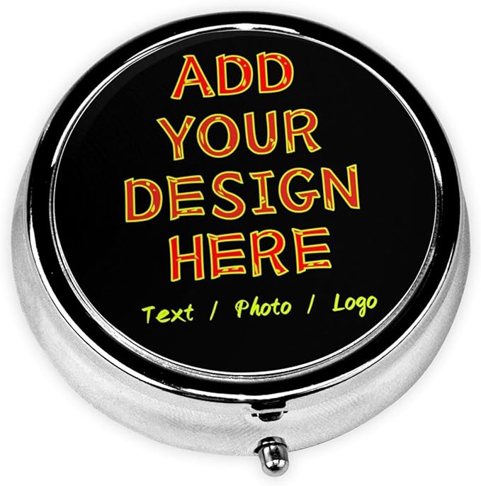 Custom Pill Box Personalized Round Small Pill Case with Mirror Add Your Photo Text Logo Name Decorative 3 Compartment Portable Metal Medicine Container Vitamin Organizer for Pocket Purse Travel